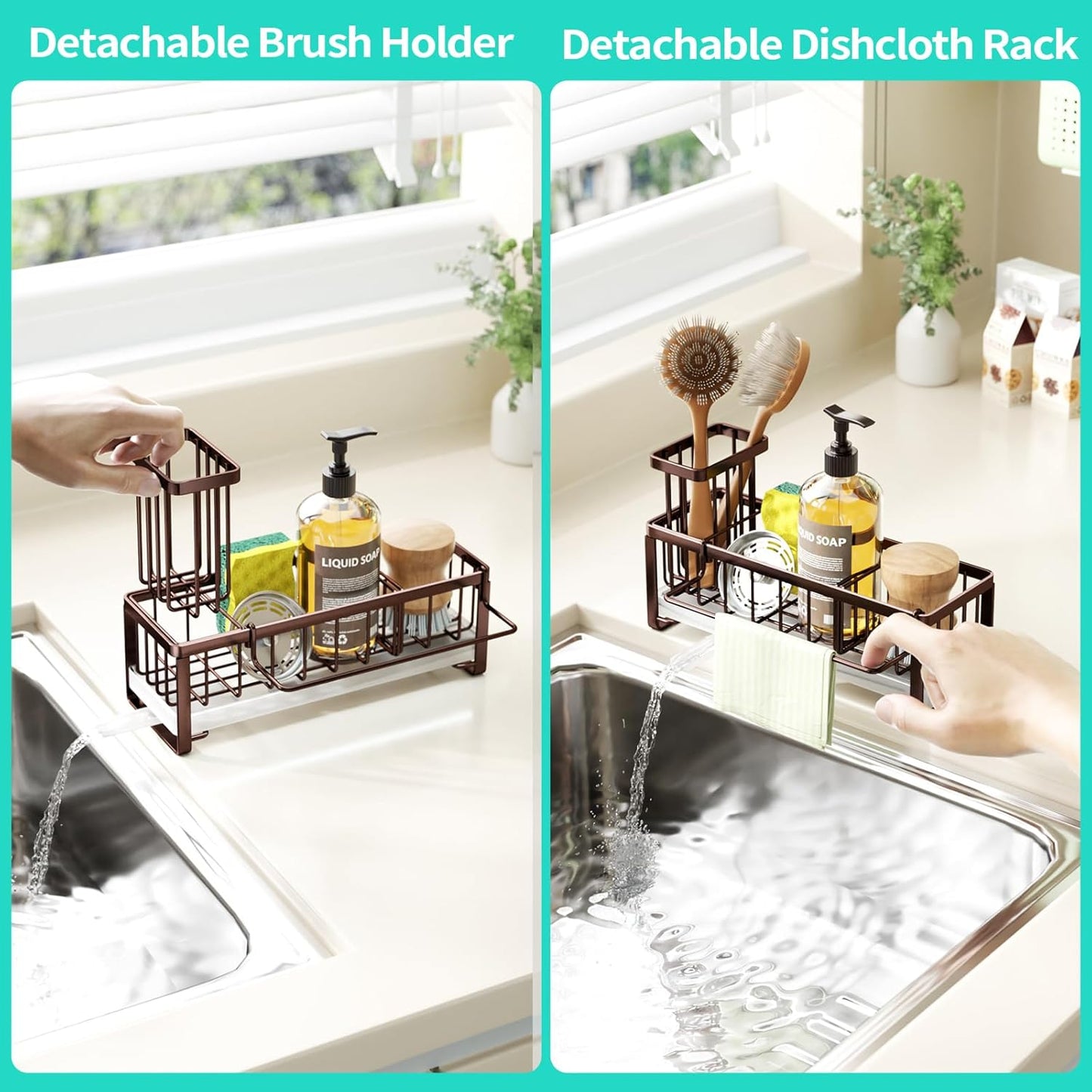 HapiRm Sponge Holder for Kitchen Sink - Self-draining Sink Caddy with Brush and Dishcloth Holders