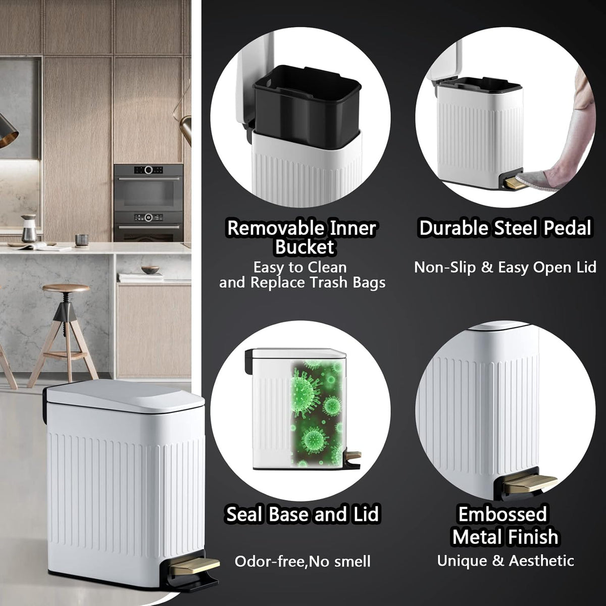 CEROELDA Small Bathroom Trash Can with Lid Soft Close-5L/1.3 Gal Slim Garbage Can-Metal Step