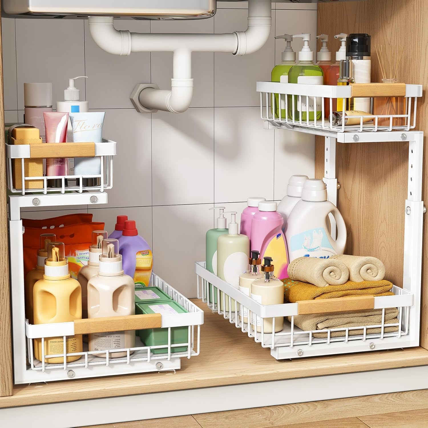 PXRACK Under Sink Organizer,1 Pack,2 Tier Metal Slide out Sink Shelf Pull out Cabinet Organizer