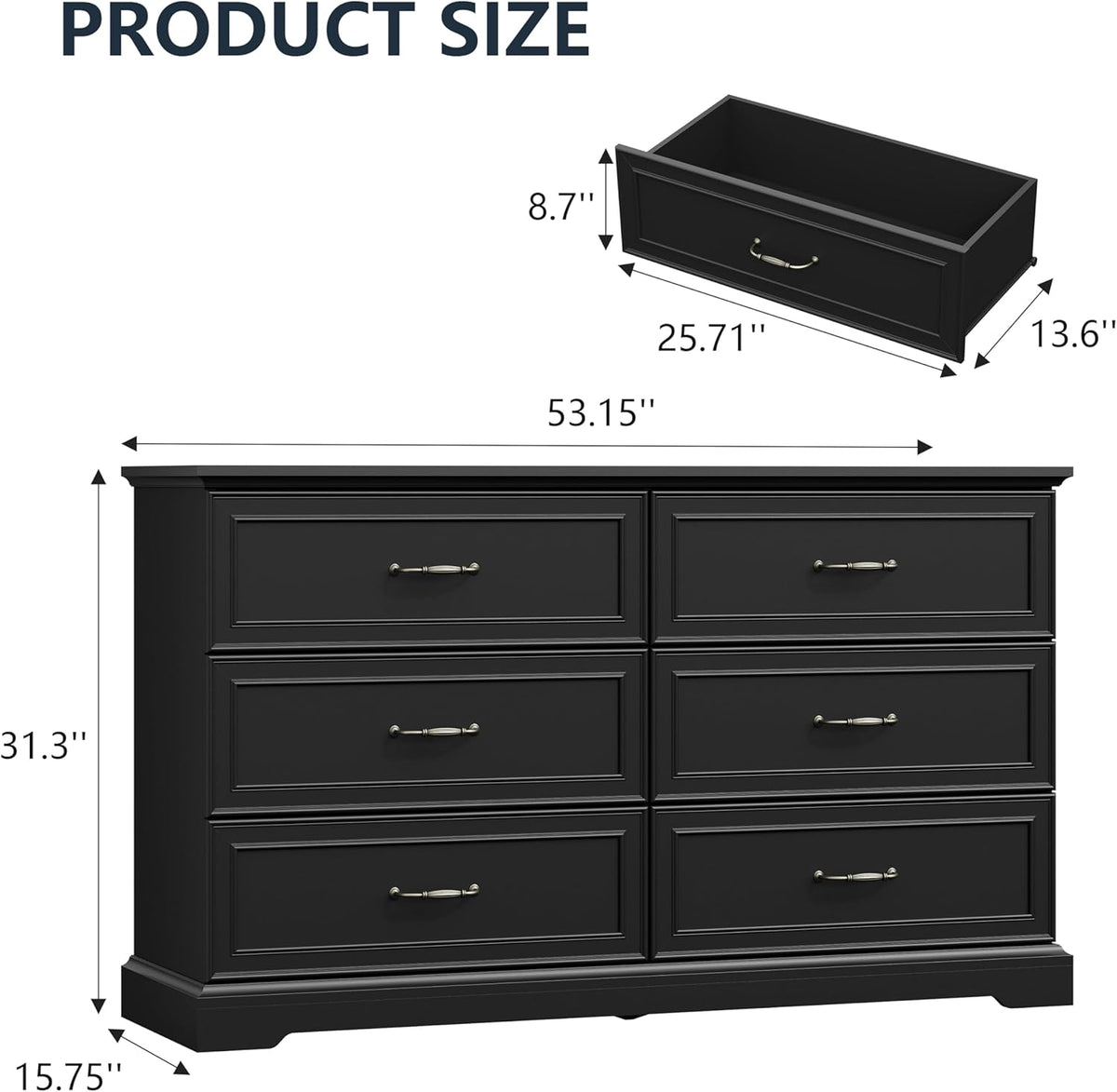 6 Drawer Dresser for Bedroom, 53" Wide Wooden Chest of Drawers, Rustic Farmhouse Dresser with Large