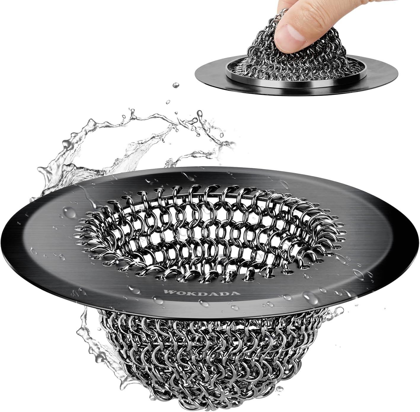 Sink Drain Strainer (Black): Flexible Anti-Slip Chainlink, 304 Stainless Steel. Upgraded Clog-Free
