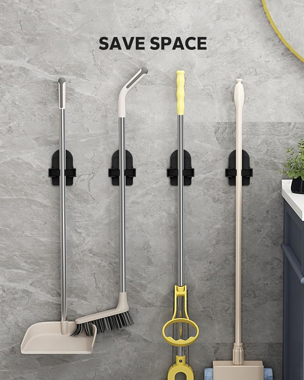 Broom Holder Wall Mount (Black 4 Count), Broom Holder, Broom and Mop Organizer Wall Hanging, Mop
