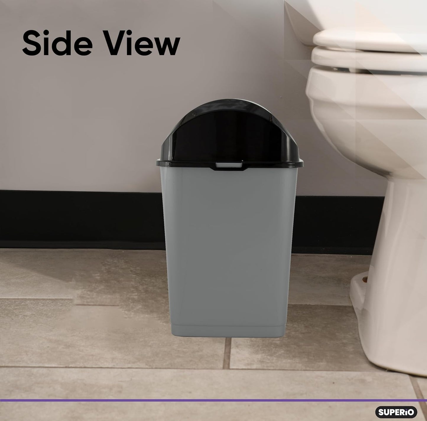 Superio Small 2.5 Gallon Plastic Trash Can with Swing Top Lid, Compact Slim Waste Bin for Under