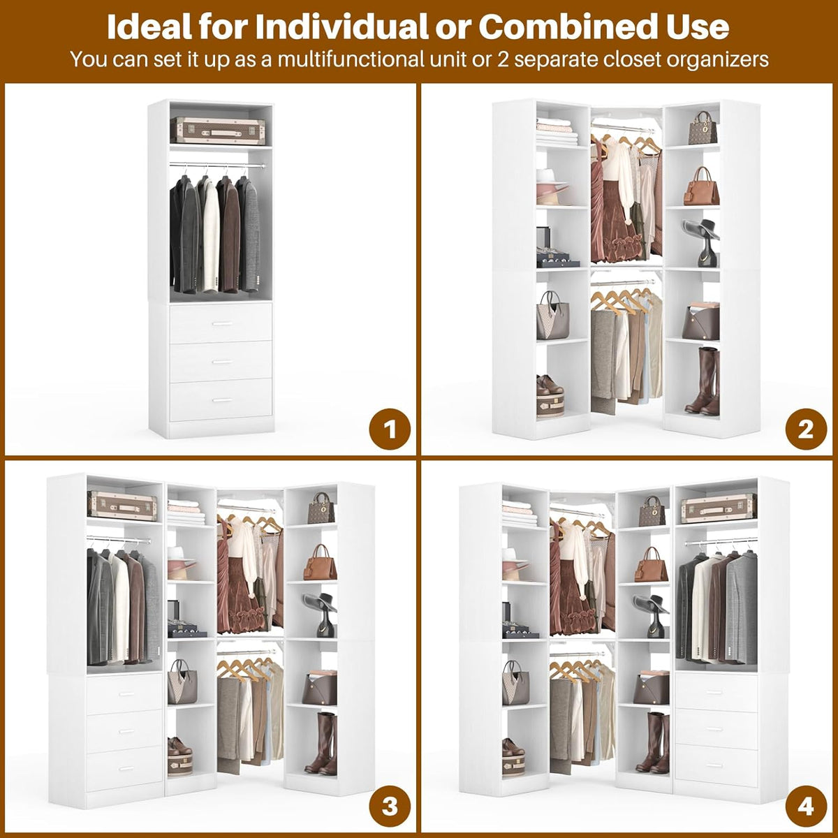 Corner Closet System with 3 Drawers, Corner Closet Organizer System with 13 Shelves & 3 Hanging