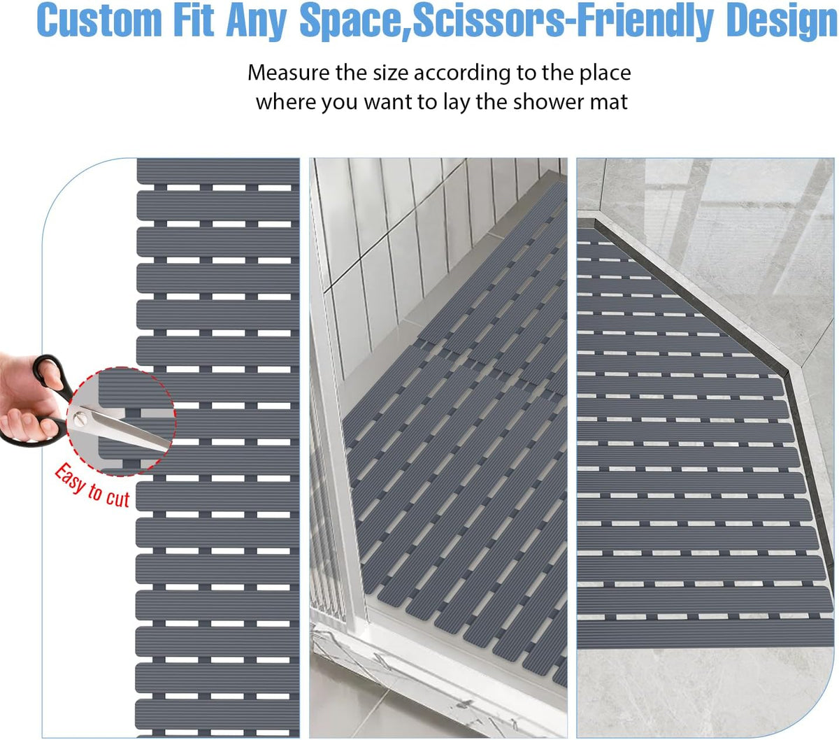 Shower Mat Non-Slip Bath Mat for Tub Floor & Stall with 200+ Suction Cups & Drain Holes, Quick Dry