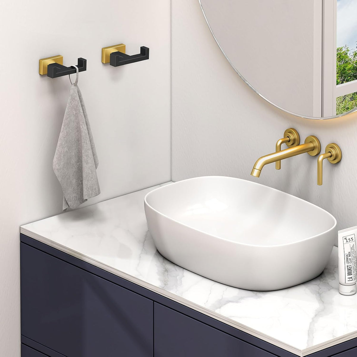 Angle Simple Towel Hook Black & Gold 2 PCS, Stainless Steel Double Hook for Bathroom, Square Robe