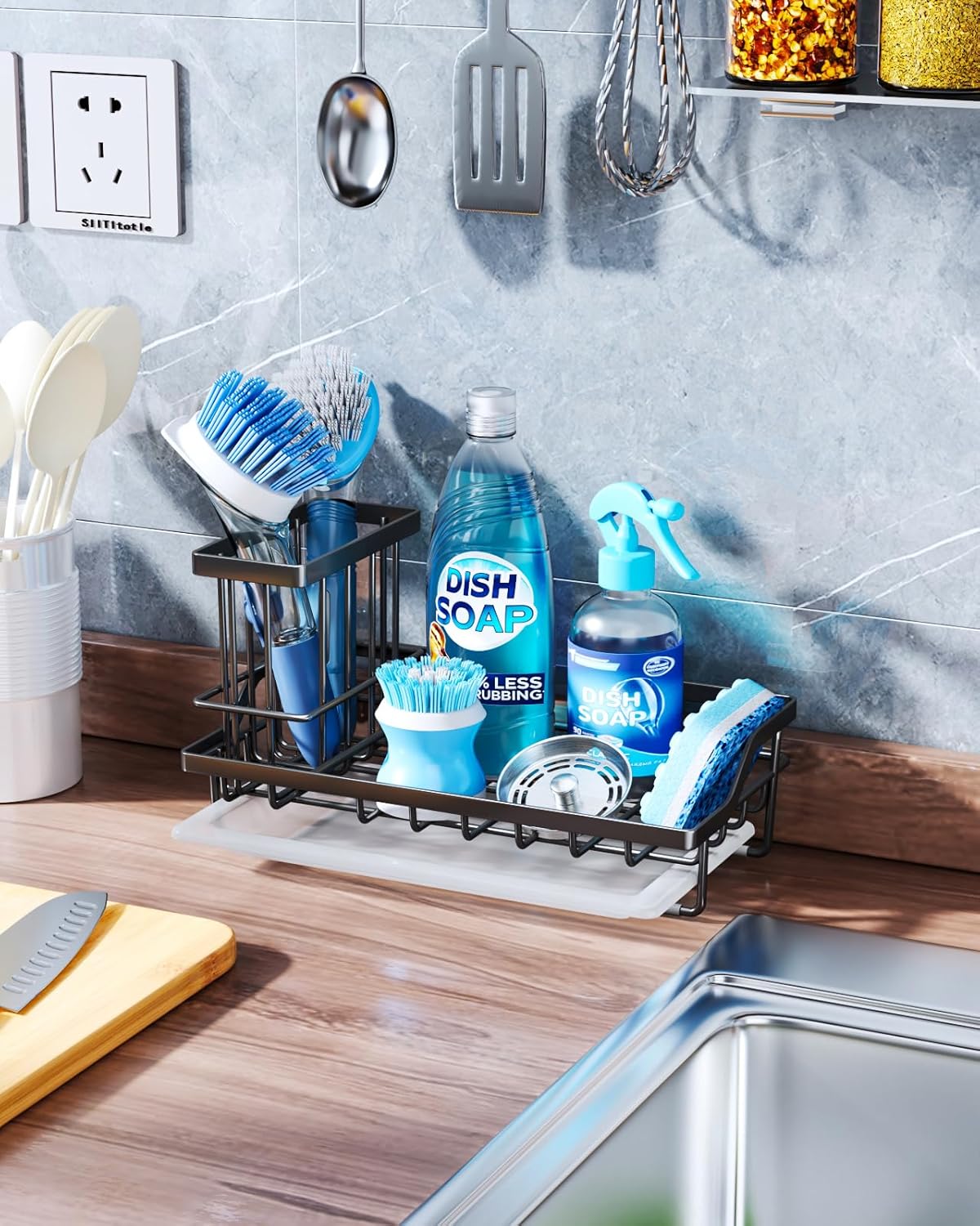 Consumest Sink Caddy, Kitchen Sponge Holder with Dish Brush Holder, Kitchen Sink Organizer with