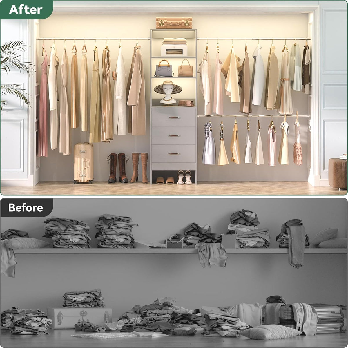 96'' Closet Organizer System with 3 Hanging Rods (Without 3 Storage Shelves), 8FT Closet Systems