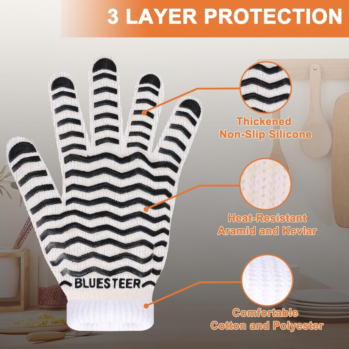Oven Gloves 932°F Heat Resistant Oven Mitts with Fingers, Heat Proof BBQ Grill Gloves Silicone Grip