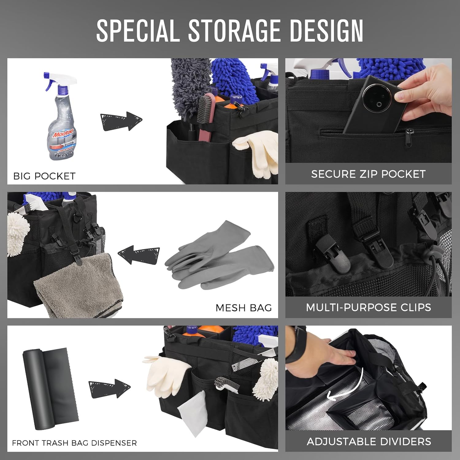 Wearable Cleaning Caddy Organizer with Handle & Shoulder Straps for Housekeepers, Under Sink & Car