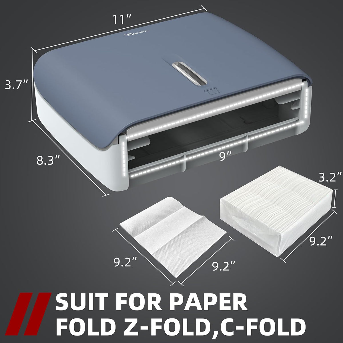 Paper Towel Dispenser Wall Mount,Capacity 200+ Sheets ZFold Tri Fold Blue Adhesive No Drilling or