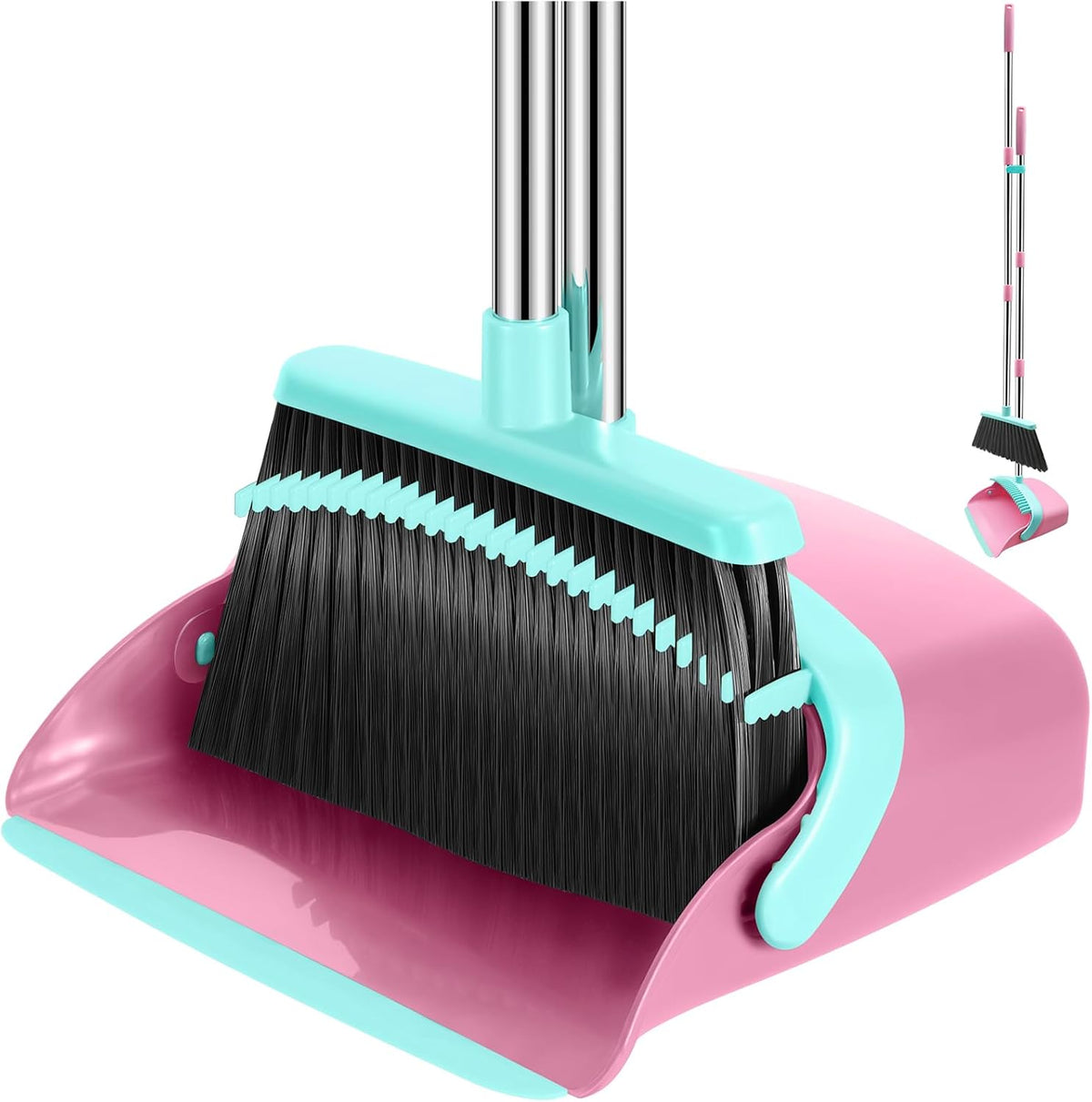 Broom and Dustpan Set, 52-in Long Adjustable Handle Broom Dustpan Combo with Dust pan Teeth to