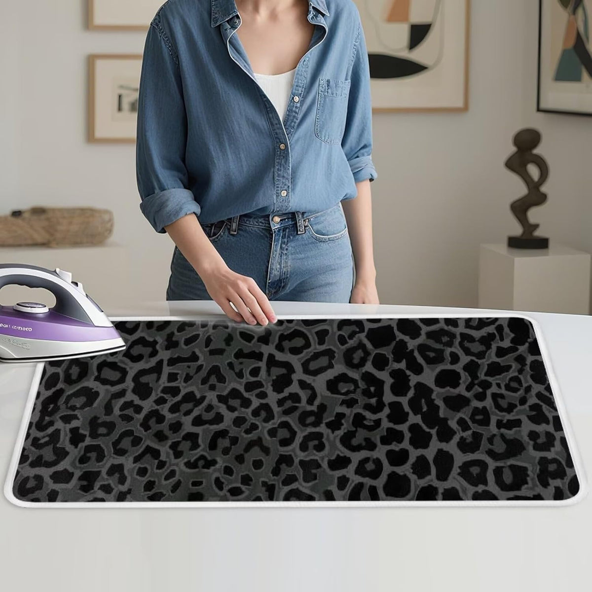Black Ironing Mat Portable Leopard Print Ironing Pad for Steam Pressing on Tabletop or Bed,Heat