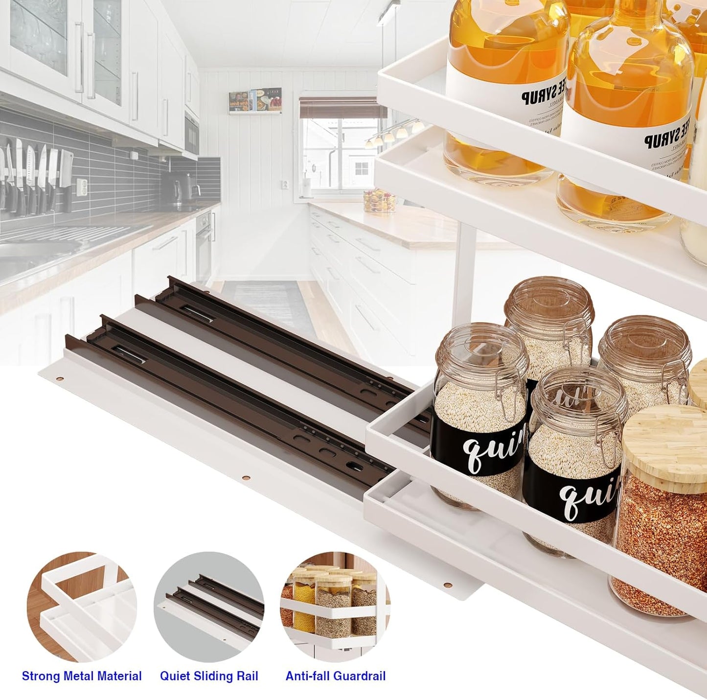 Pull Out Spice Rack Organizer for Cabinet, 2 Tier Metal Slide Out Seasoning Organizer and Storage