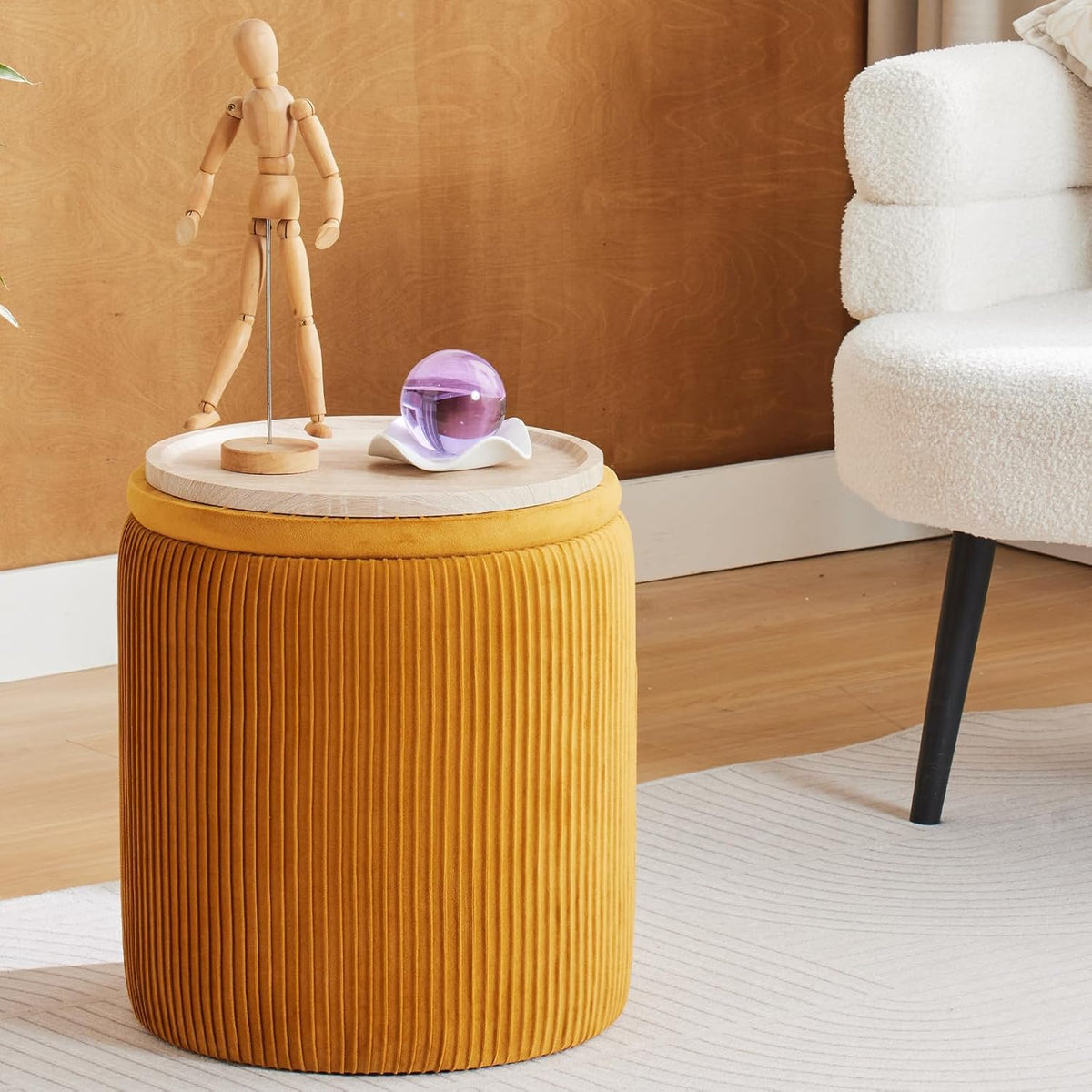 Round Ottoman with Storage Set of 2-Upholstered Velvet Vanity Stool for Makeup Multifunctional