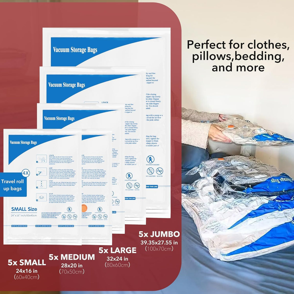 Vacuum Seal Bags for Clothing Travel & Home Storage, travel vacuum bags with pump, Store Blankets