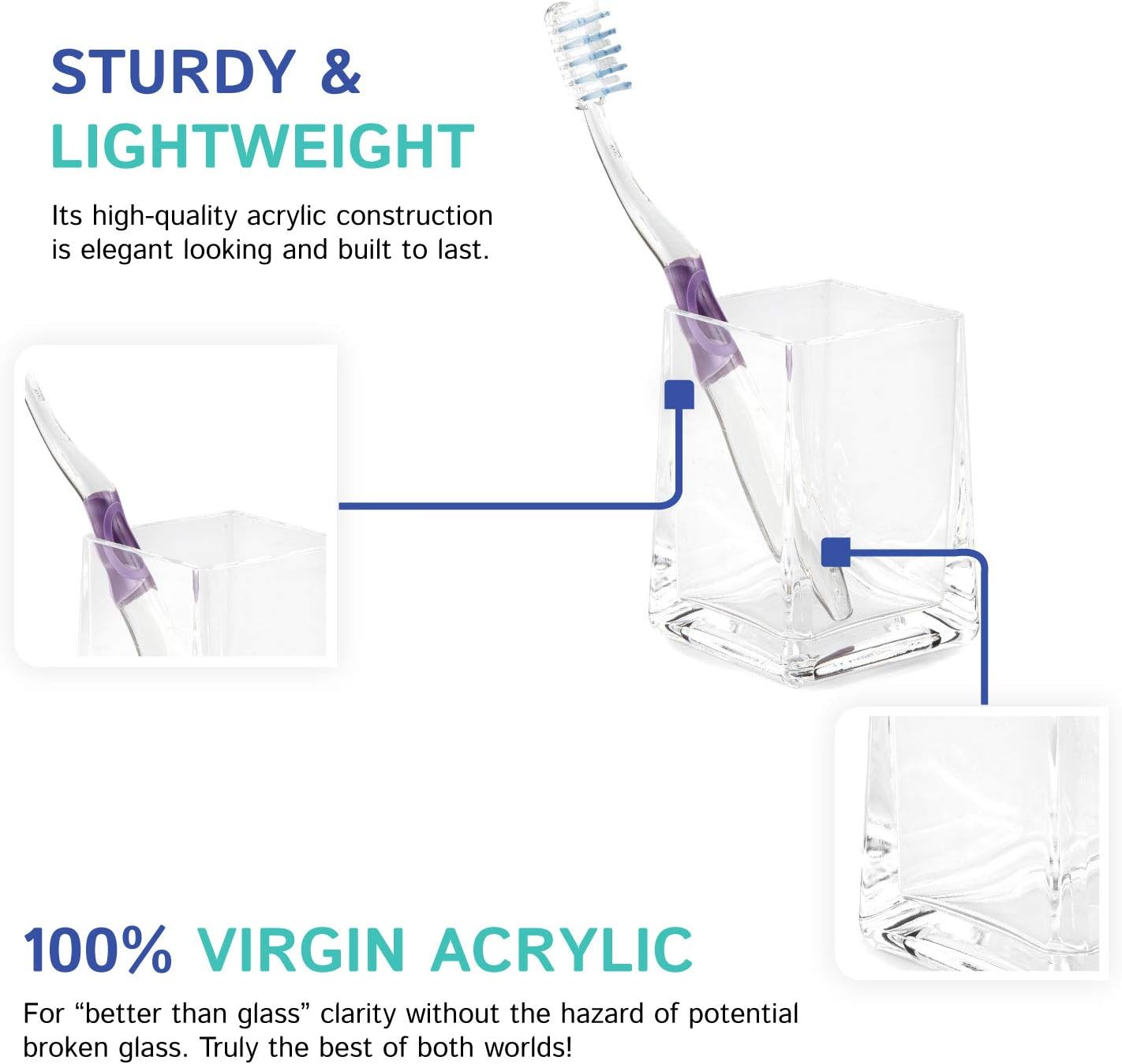 Huang Acrylic Clear Square Tapered Bathroom Toothbrush Holder/Tumbler | Easy to Clean Durable