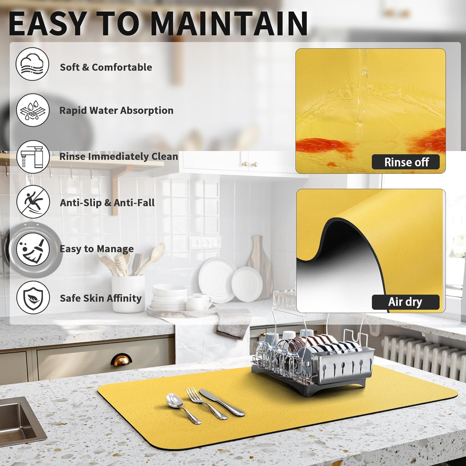 Dish Drying Mat for Kitchen Counter, Heat Resistant Drainer Mats with Non-slip Rubber Backed, Hide