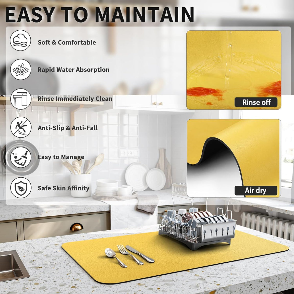Dish Drying Mat for Kitchen Counter, Heat Resistant Drainer Mats with Non-slip Rubber Backed, Hide