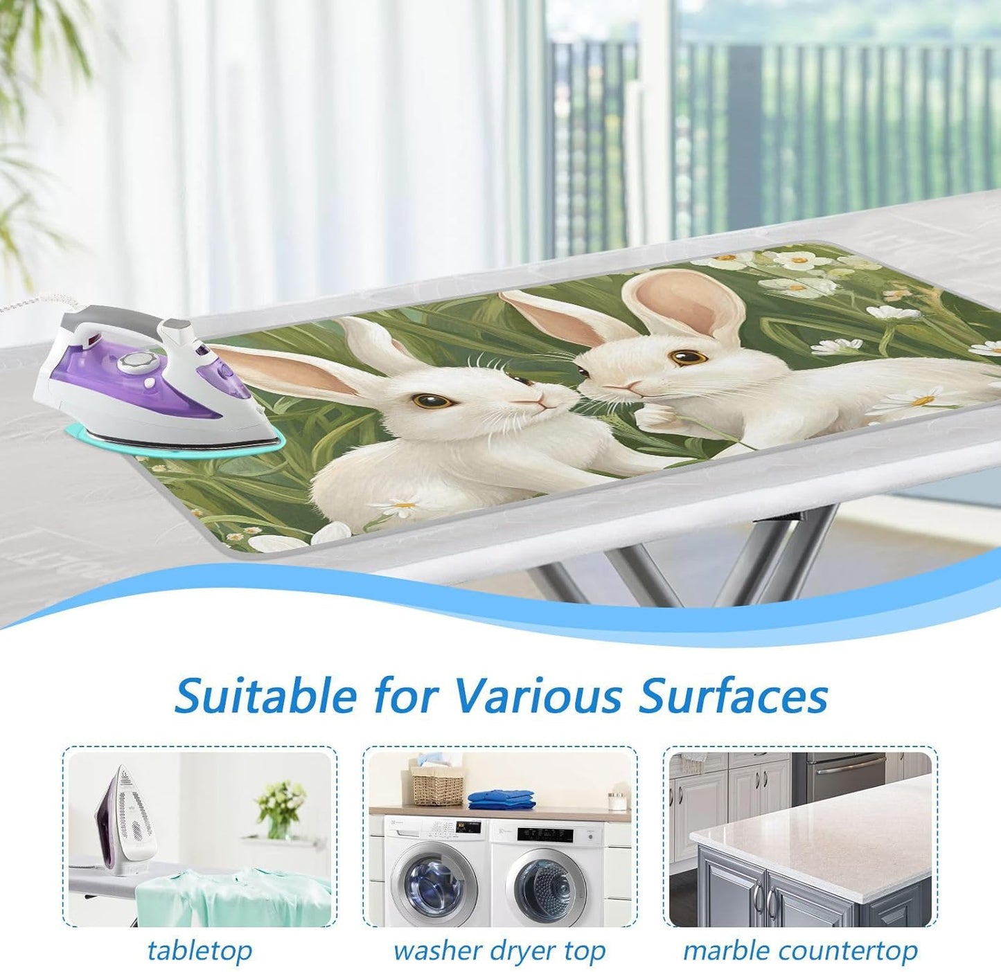 Green Easter Bunny Daisy 01 Ironing Mat for Table top Portable Ironing Pad Blanket for Washer Dryer