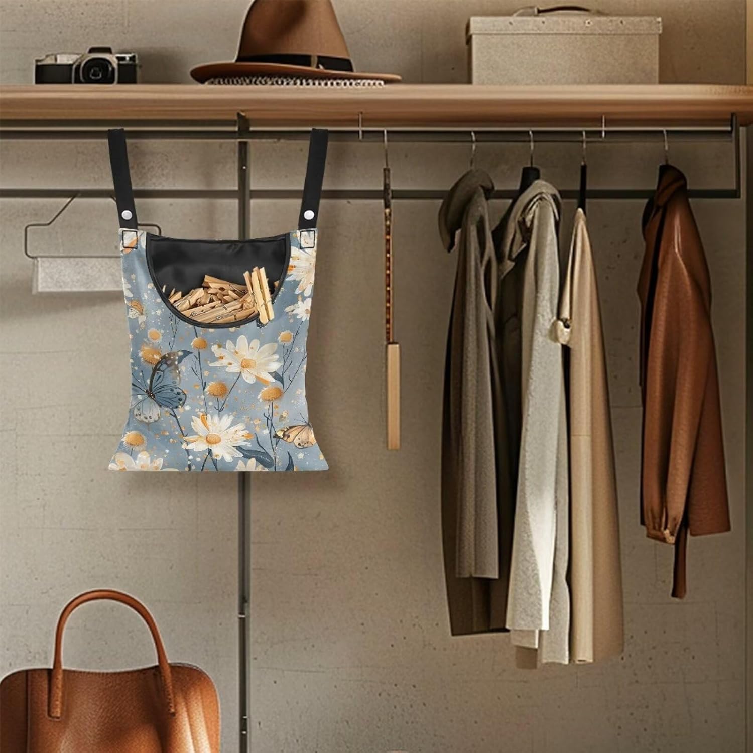 Butterfly Clothespin Bag with Hanging Rope 14.5 x 12 Inch Summer Waterproof Laundry Clothes Pin
