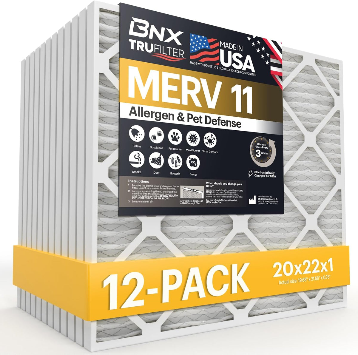 BNX TruFilter 20x22x1 Air Filter MERV 11 (12-Pack)- MADE IN USA - Allergen Defense Electrostatic