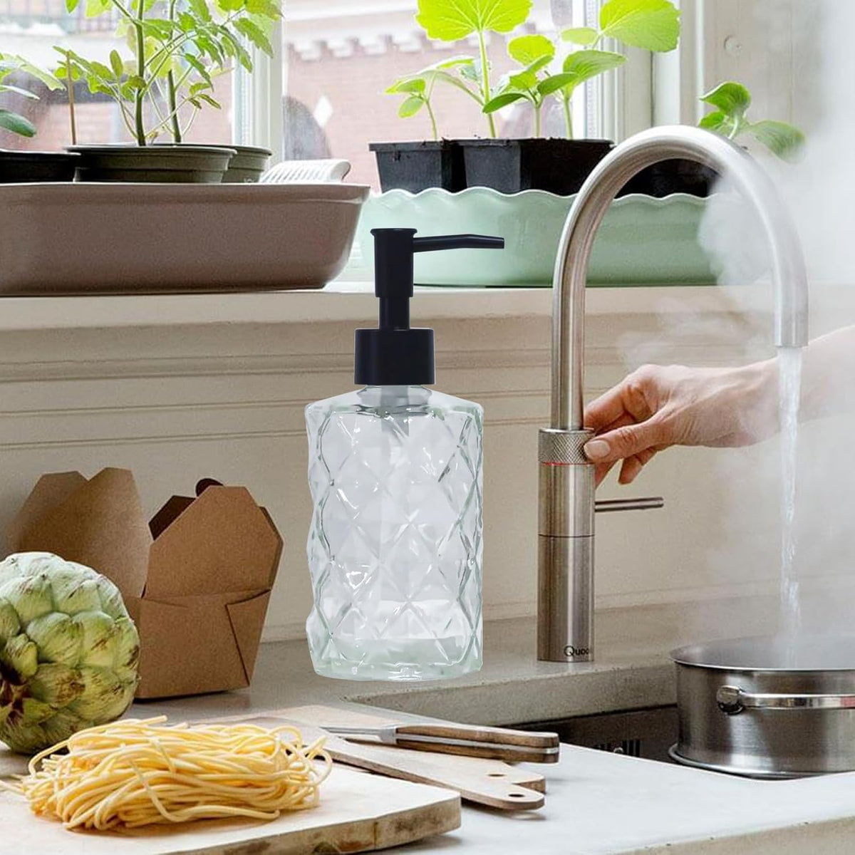 Crystal Glass Soap Dispenser, 12oz Clear Bathroom Hand Dispenser, Lotion Dispenser with Black