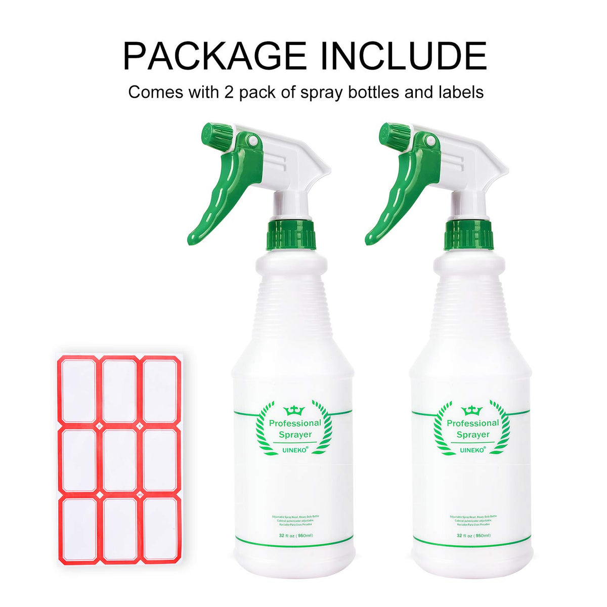 Plastic Spray Bottle 2 Pack, 32 Oz, All-Purpose Heavy Duty Spraying Bottles Leak Proof Mist Empty