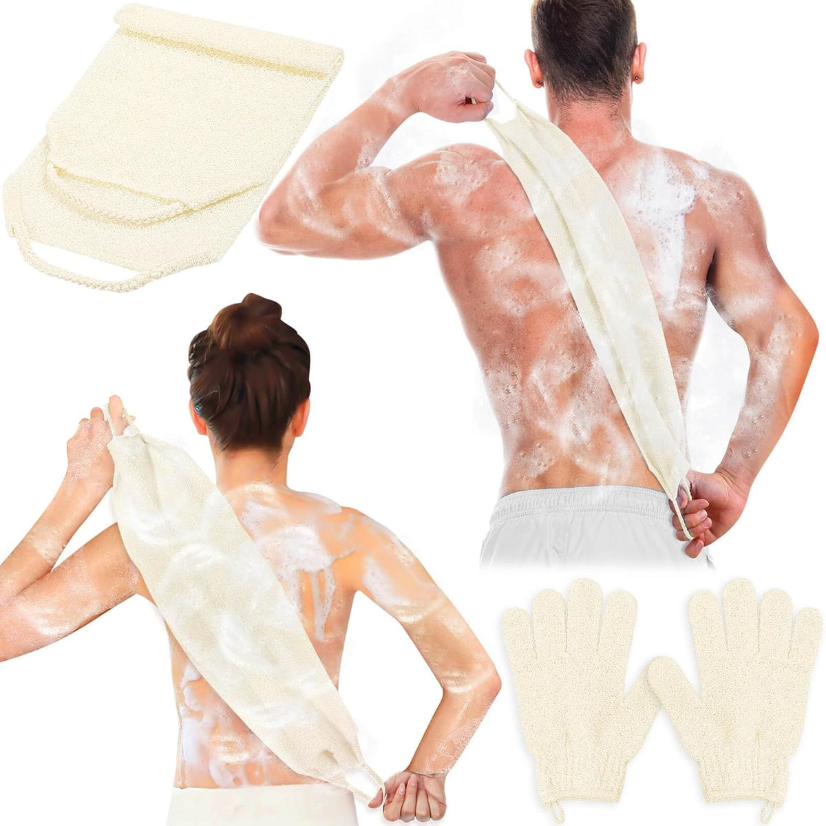 Anezus Exfoliating Back Scrubber Bath Gloves Set, Exfoliating Shower Towel with Shower Gloves for