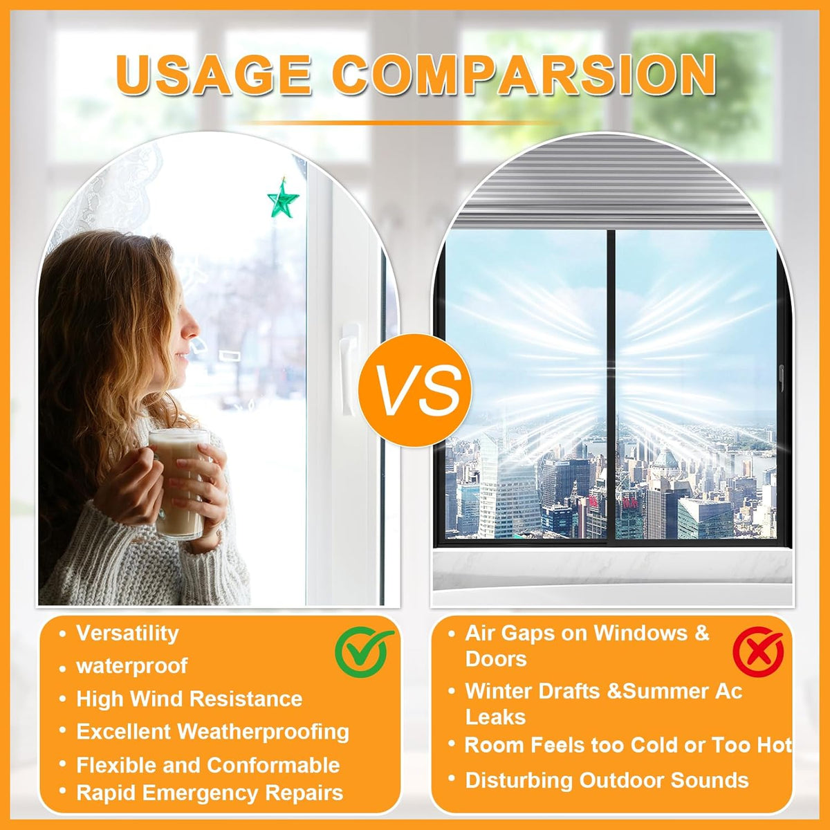 Window Weather Sealing Tape 2 Inch x 90 FT Weather Stripping Residue-Free Window Seal Insulation