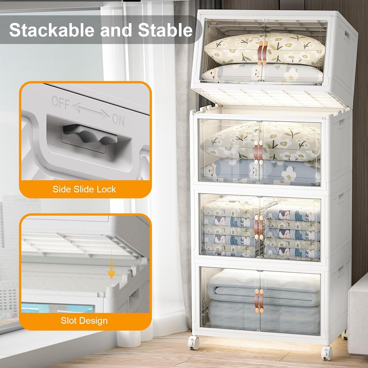 Extra Large Stackable Storage Bins with Lids & Wheels & Door, 1280QT-160QT/40GAL*8Pack Foldable