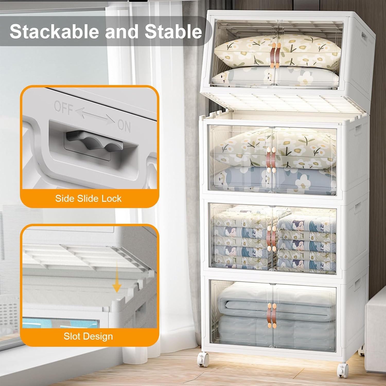 Extra Large Stackable Storage Bins with Lids & Wheels & Door, 1280QT-160QT/40GAL*8Pack Foldable
