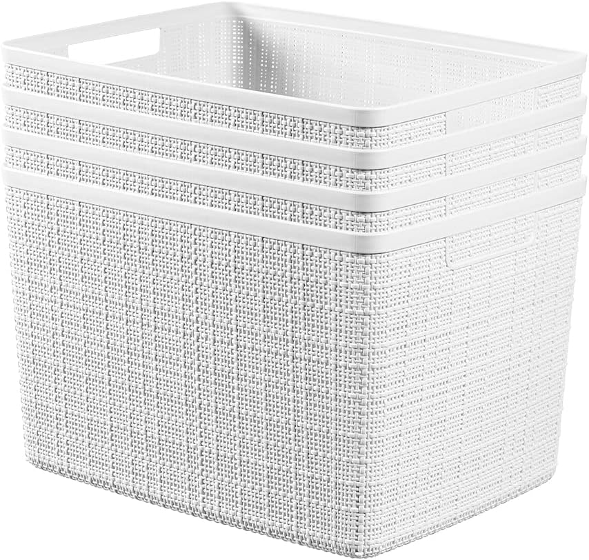 Curver Set of 4 Jute Large Decorative Plastic Organization and Storage Baskets, Perfect Bins for