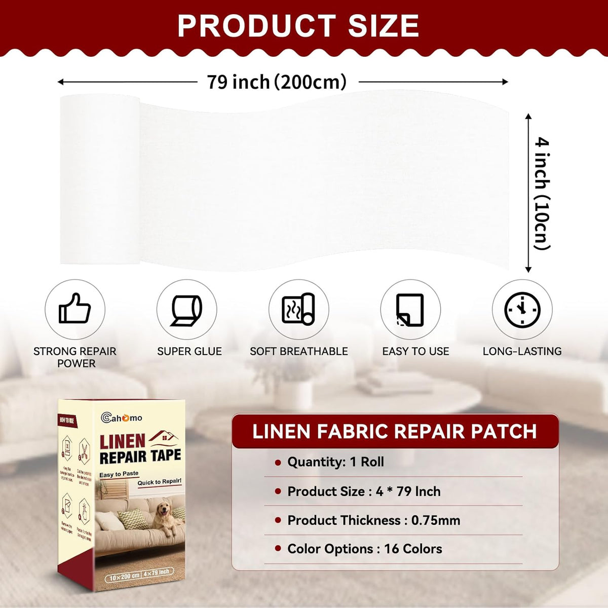Linen Repair Tape 4x79 inch, Self Adhesive Fabric Patches, Linen Patch Tape Kit, Fabric Repair Tape