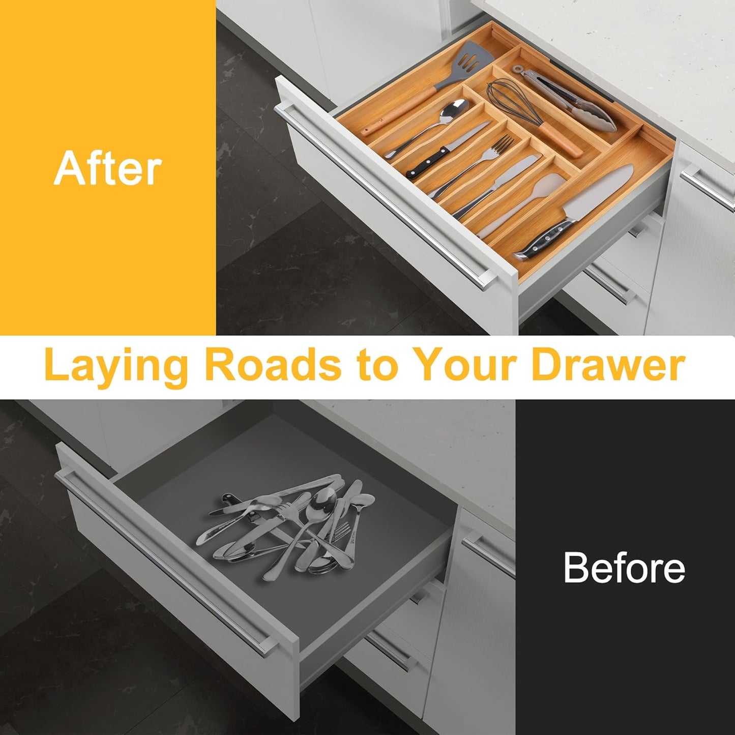 Large Premium Bamboo Silverware Organizer - Expandable Drawer Organizer & Utensil Organizer