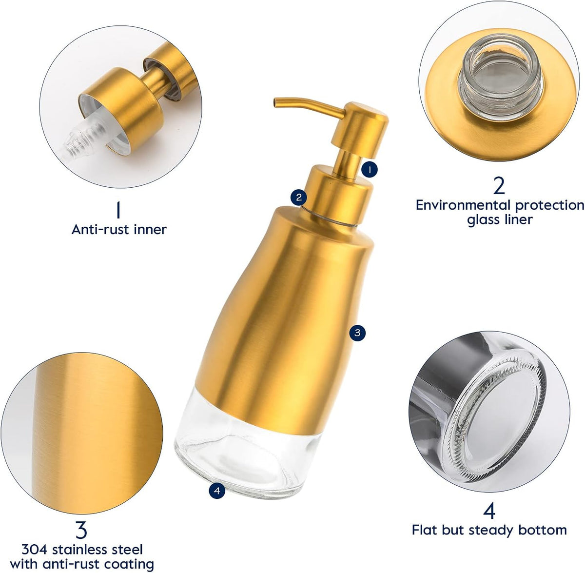 Gaussra Soap Dispenser with Coaster and Stickers, Brushed Gold Stainless Steel Glass Hand Pump