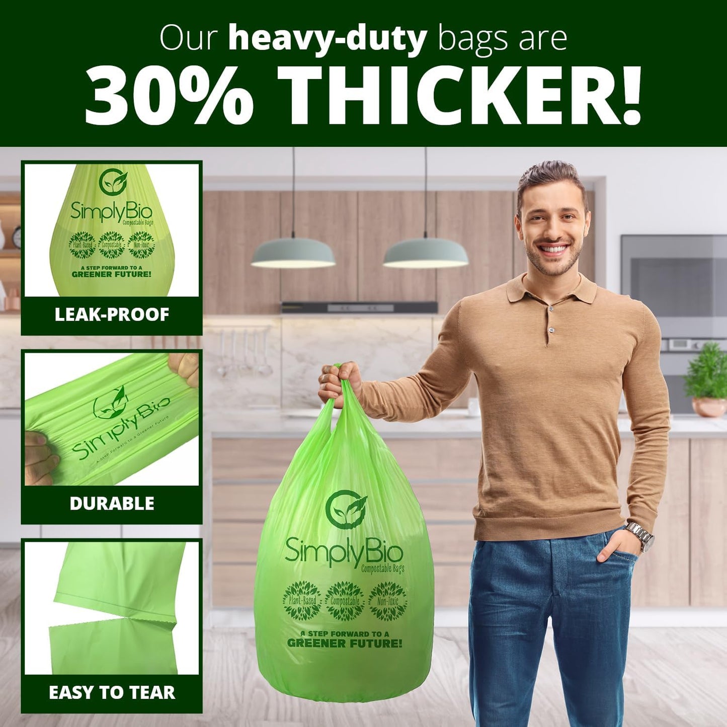 Simply Bio 13 Gallon Compostable Trash Bags Liners with Handle-Tie, Thick 0.87 Mil, 49.21 Liter, 30