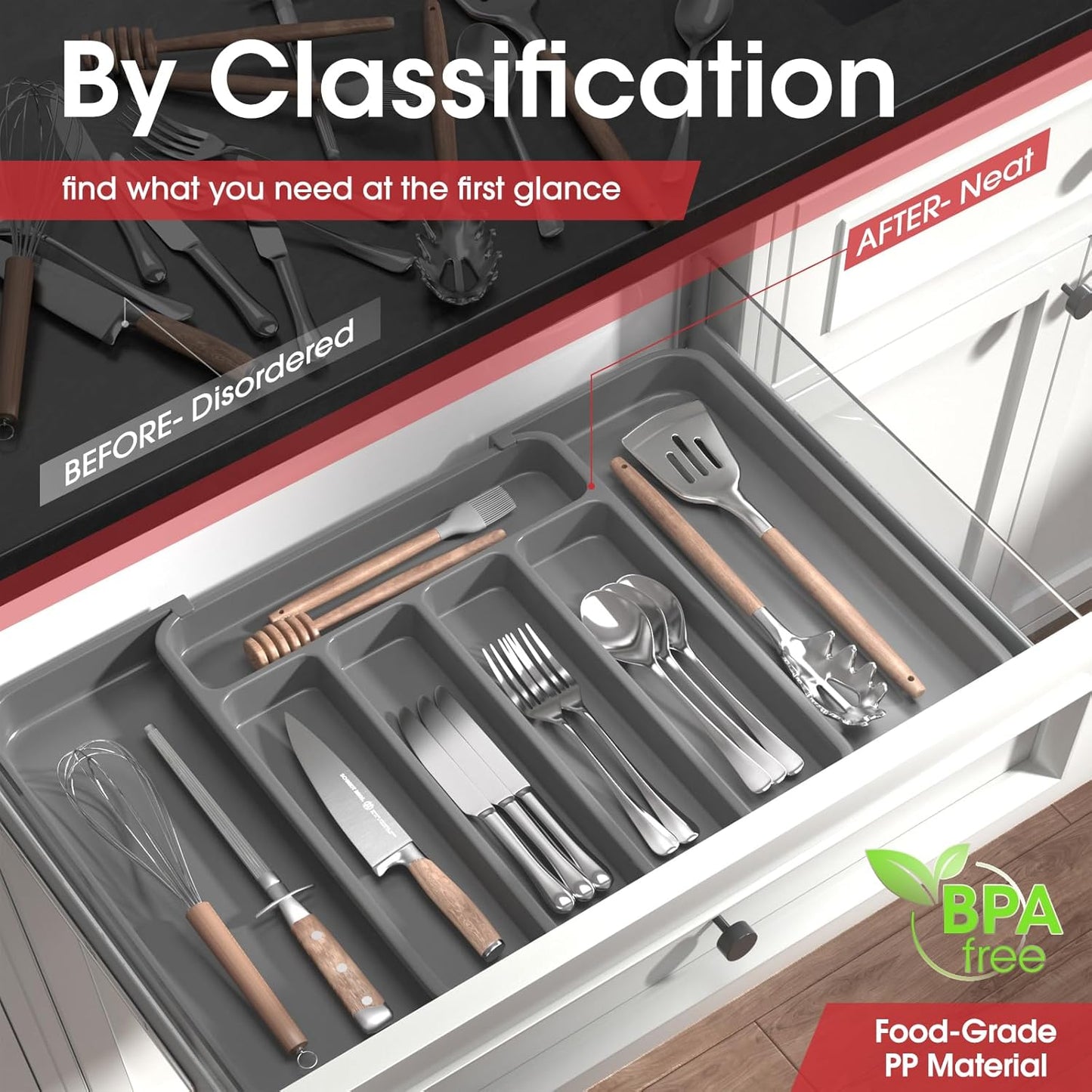 Aujen Silverware Organizer - Expandable Kitchen Drawer Organizer, Adjustable Utensil Organizer