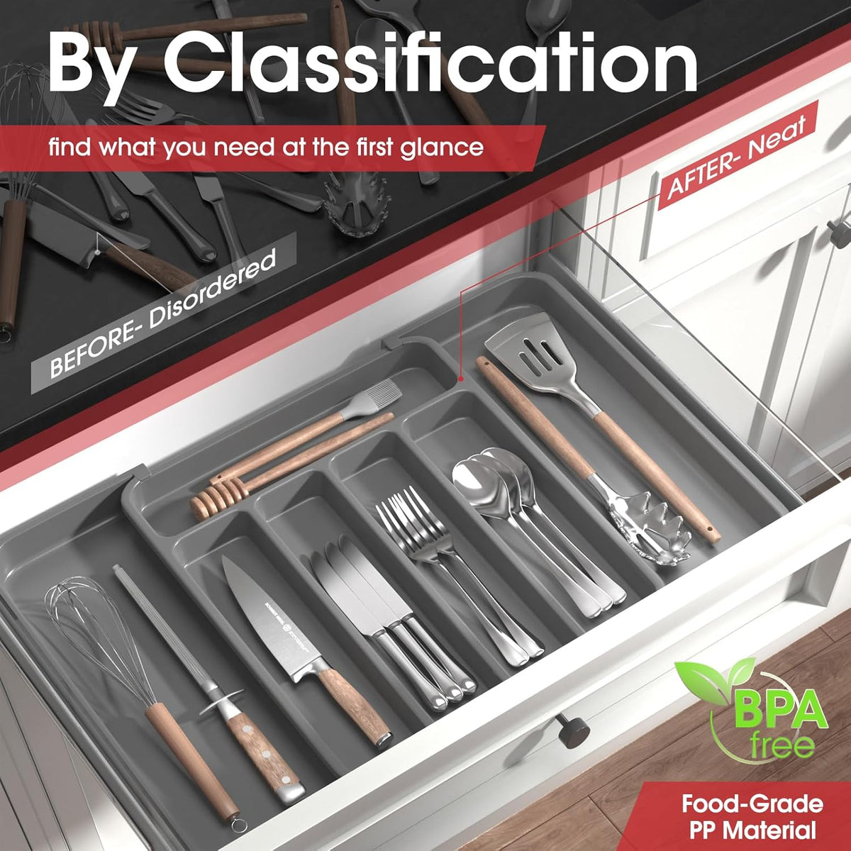 Aujen Silverware Organizer - Expandable Kitchen Drawer Organizer, Adjustable Utensil Organizer