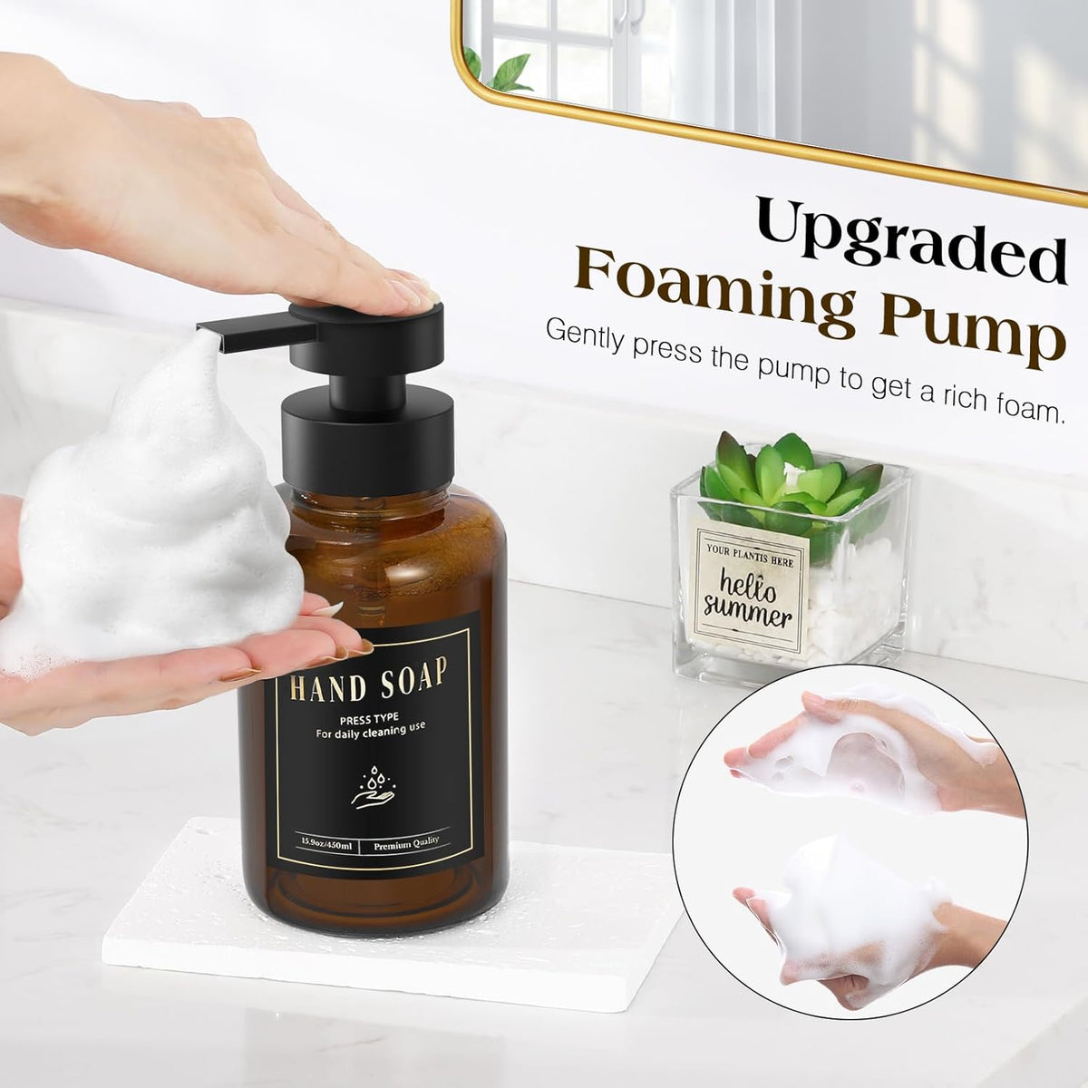 Luxspire Foaming Soap Dispenser, Glass Foam Pump Soap Dispenser, Non-Slip Hand Soap Bottle with 5