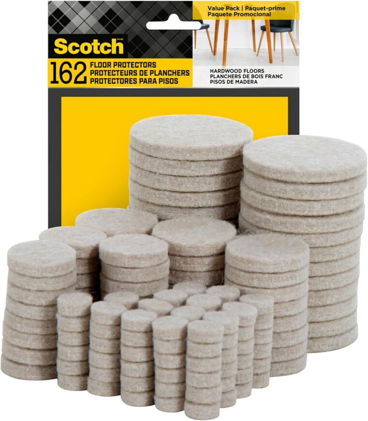 Scotch Felt Pads 162 PCS Beige, Felt Furniture Pads for Protecting Hardwood Floors, Round, Assorted