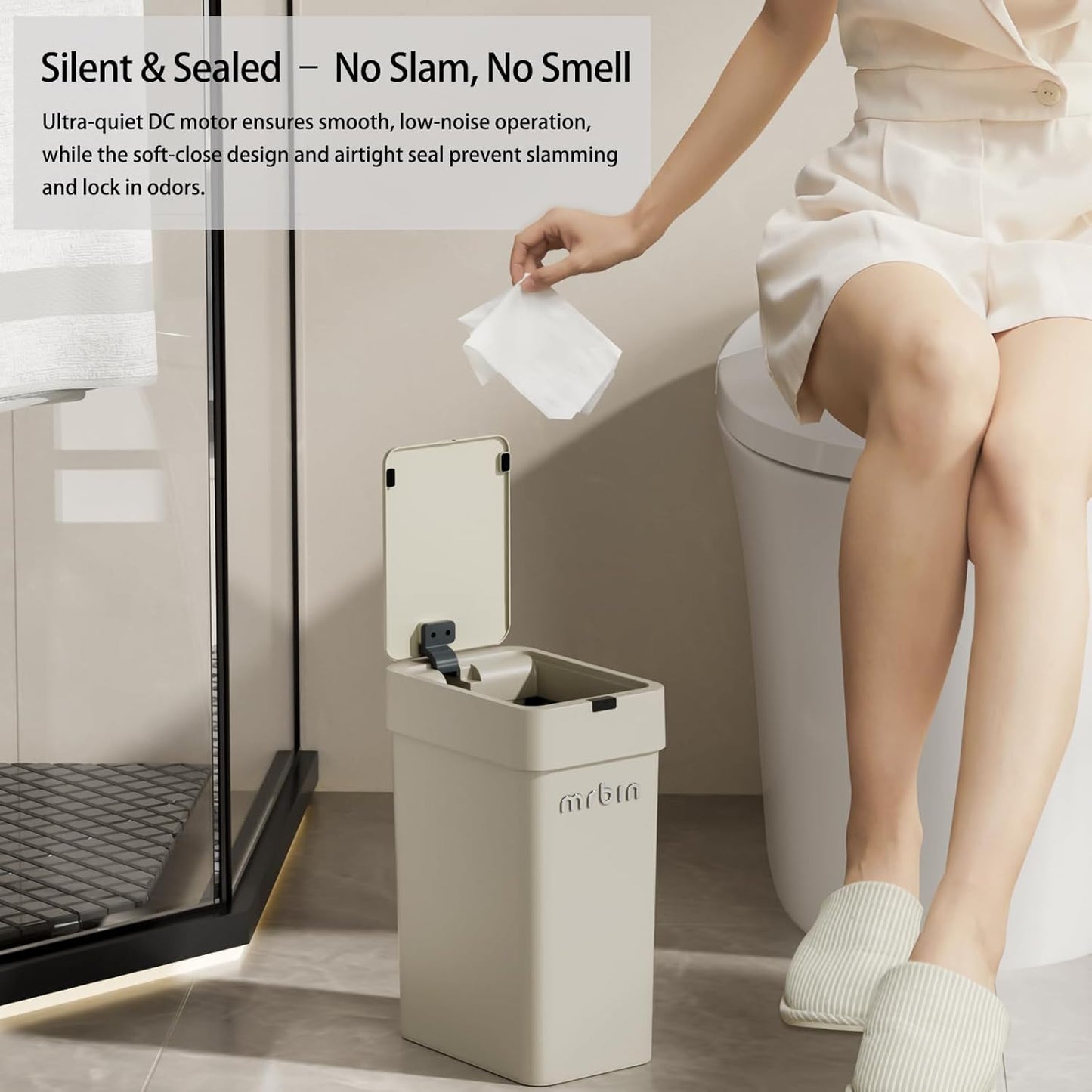 MRBIN Motion Sensor Bathroom Trash Can with Lid, 9L/2.4gal Automatic Plastic Slim Covered Electric
