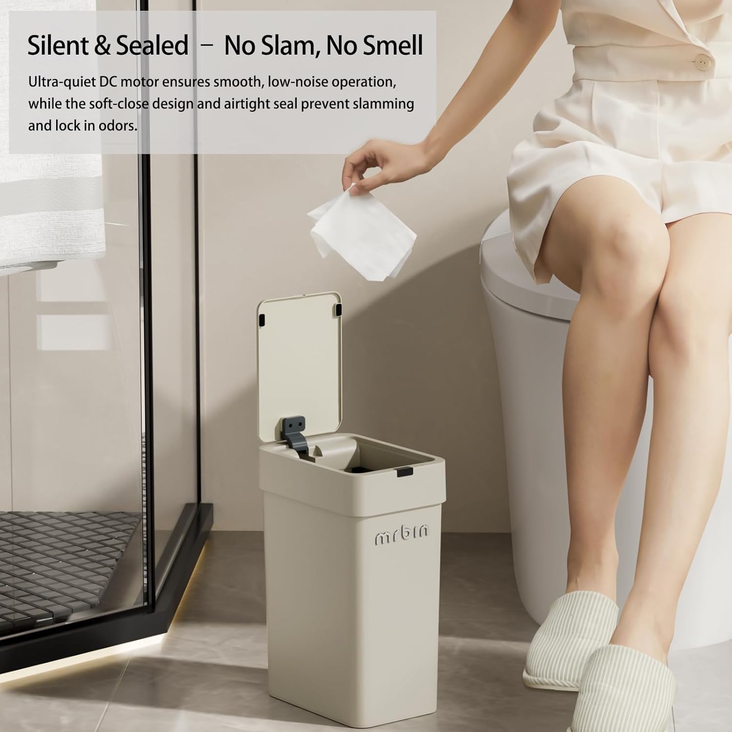 MRBIN Motion Sensor Bathroom Trash Can with Lid, 9L/2.4gal Automatic Plastic Slim Covered Electric