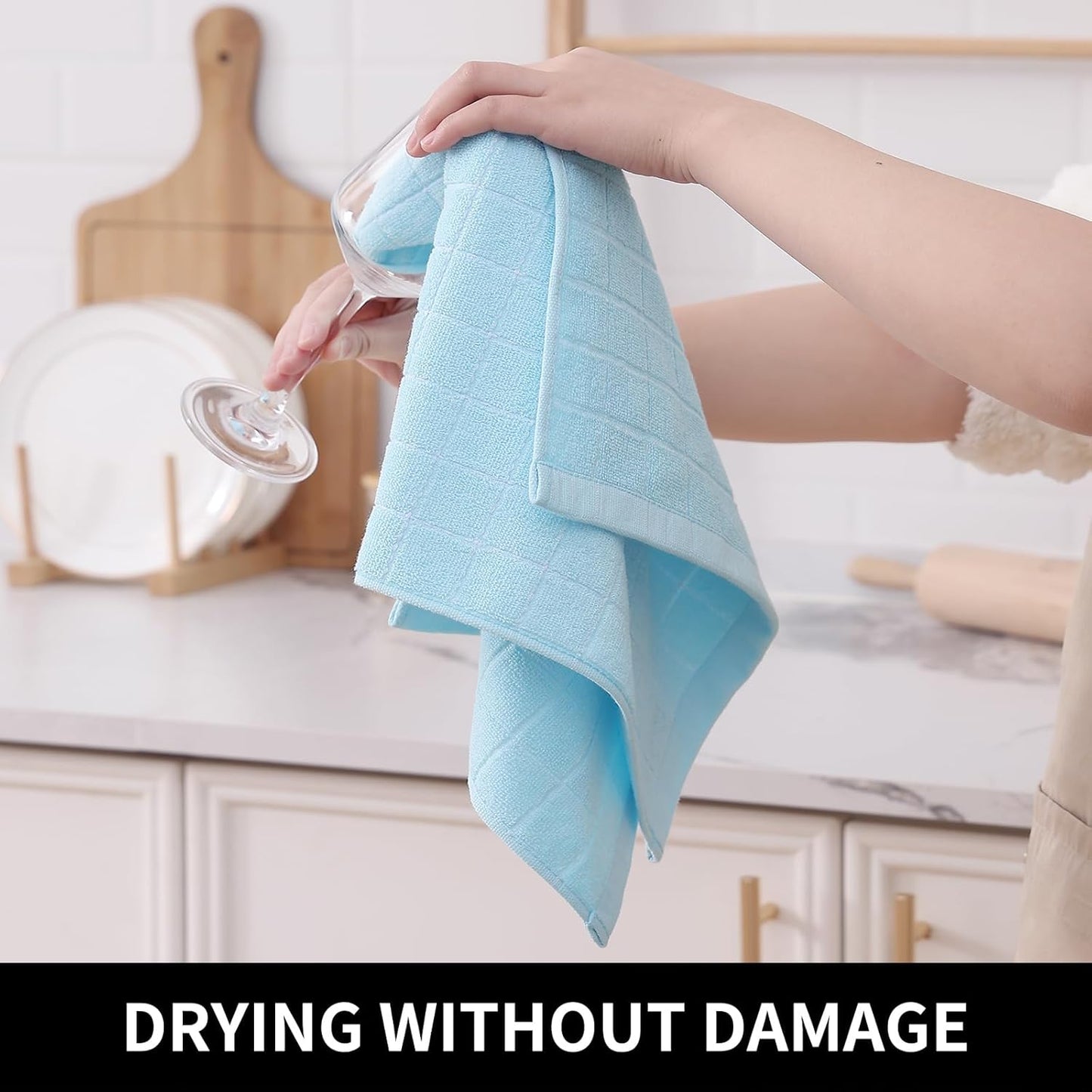 Homaxy 100% Cotton Terry Kitchen Towels(Sky Blue, 13 x 28 inches), Checkered Designed, Soft and