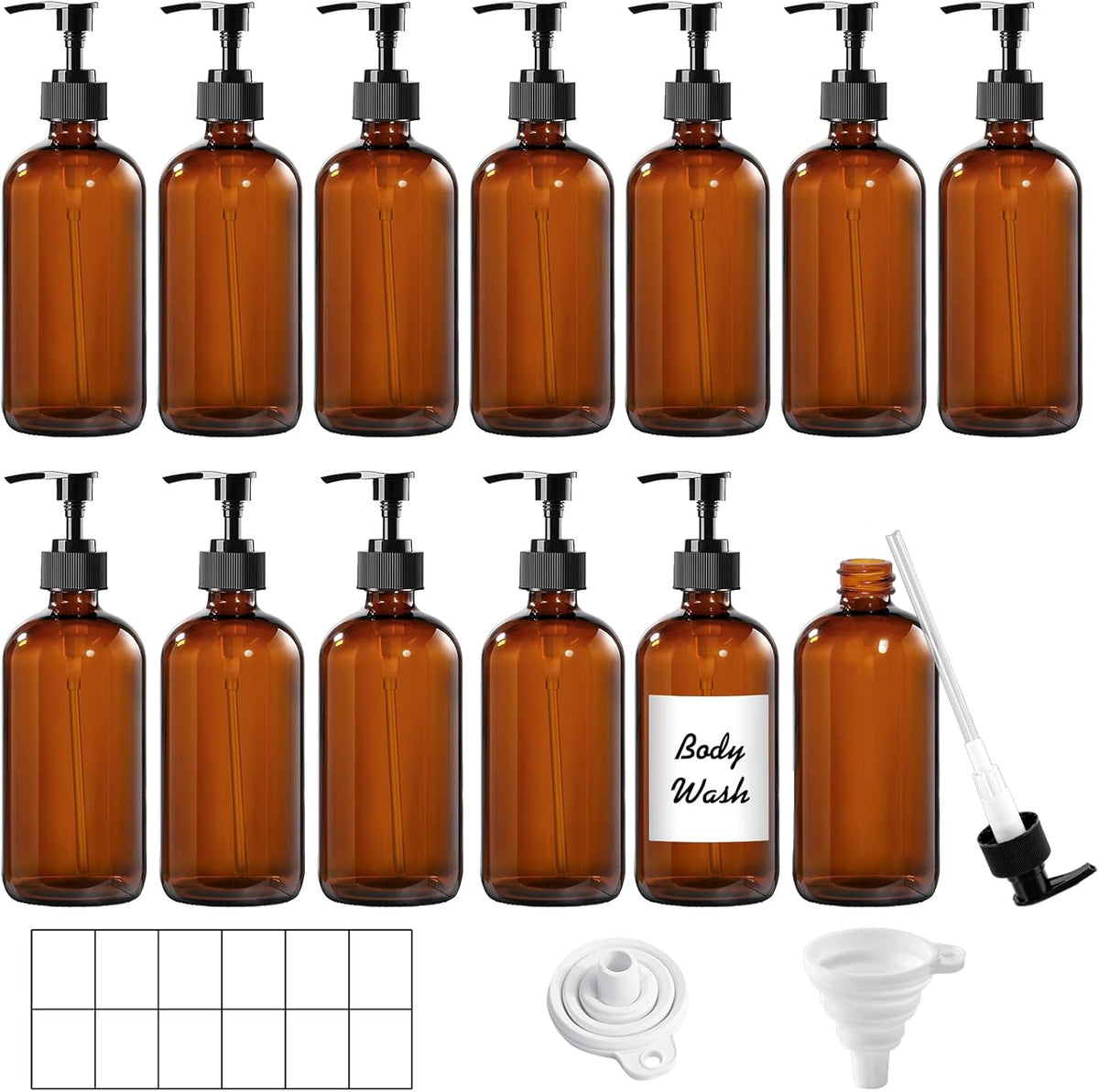 12 Pack Amber Glass Bottles 8oz with Pump Dispensers, Refillable Empty Pump Bottles for Bathroom