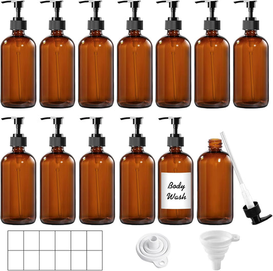 12 Pack Amber Glass Bottles 8oz with Pump Dispensers, Refillable Empty Pump Bottles for Bathroom