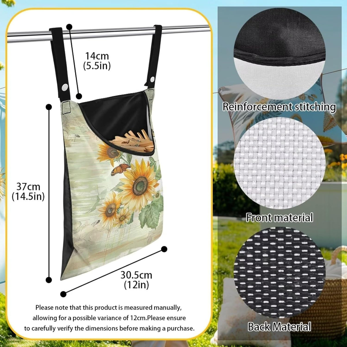 Sunflowers Butterfly Clothespin Bag Clothespin Bag for Clothesline Outdoor Clothespin Storage with