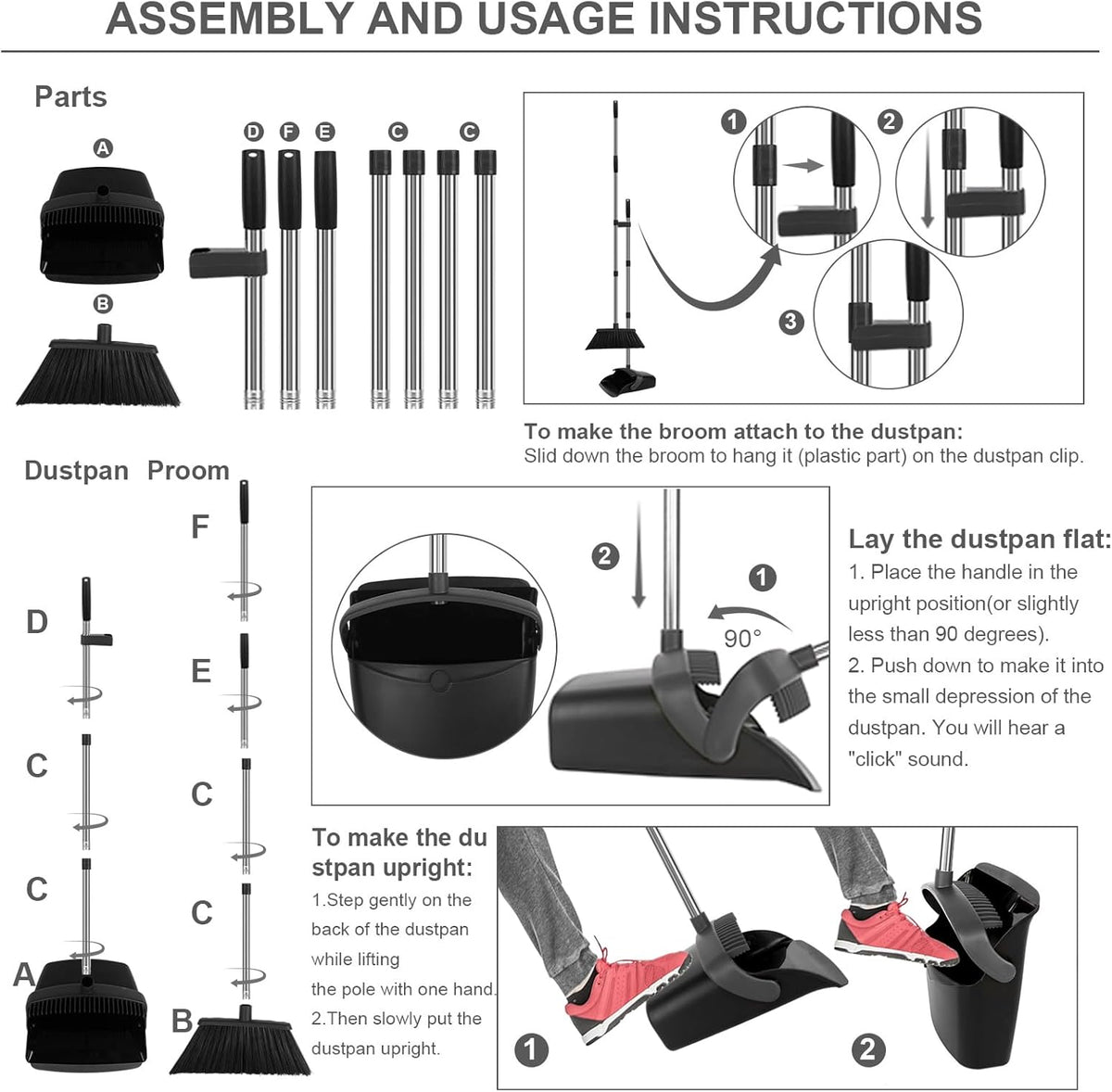 Broom and Dustpan Set, Large Household Broom with Dustpan Combo Set, 55" Long Handle Black Dust Pan