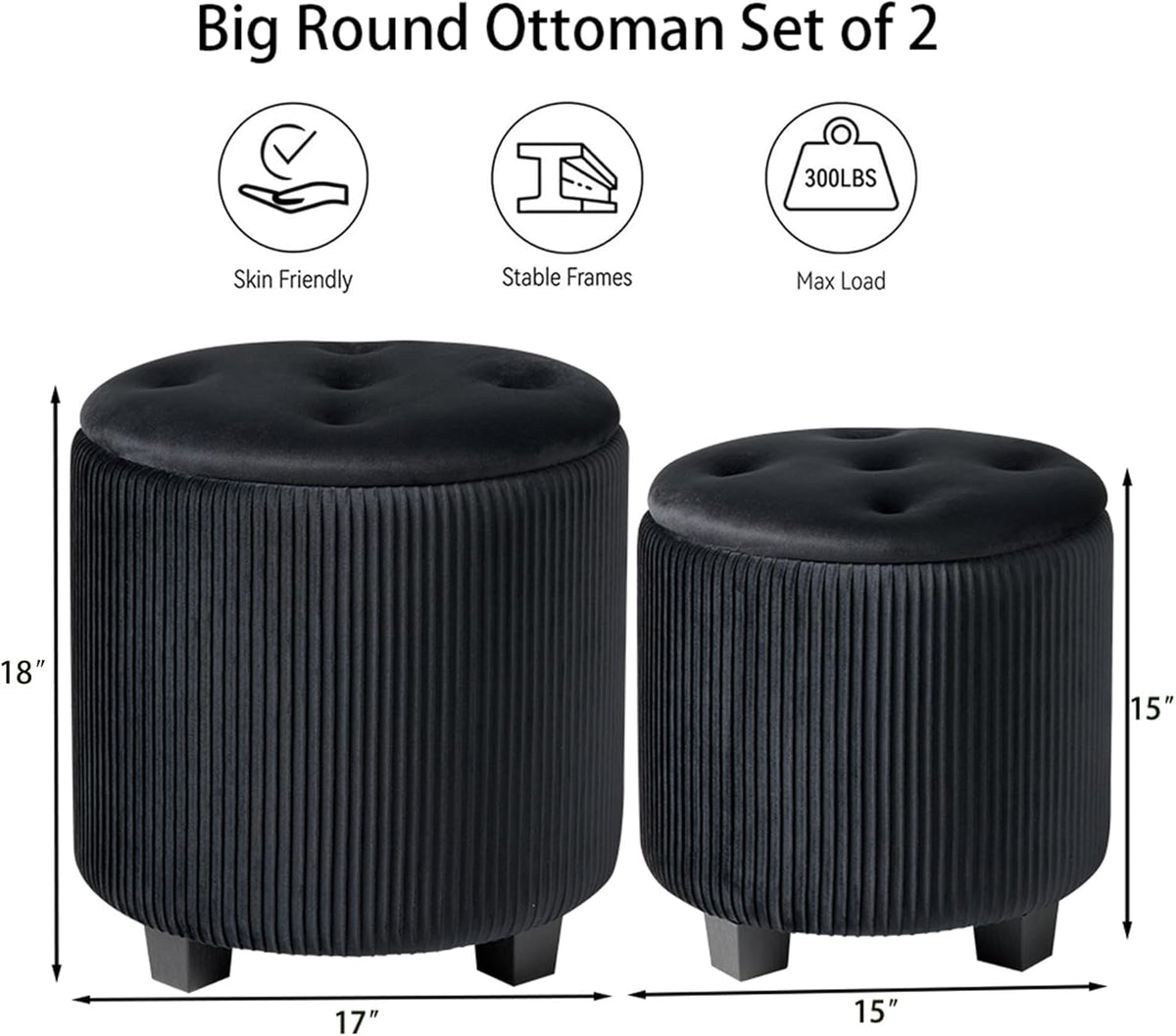 Big Round Ottoman with Storage Set of 2,Upholstered Velvet Vanity Stool for Makeup Multifunctional