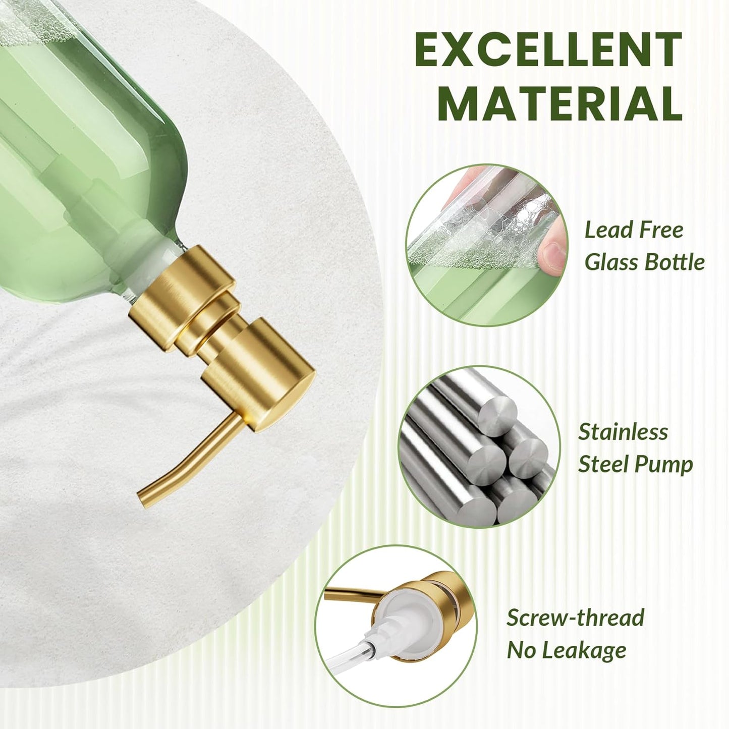 AmazerBath Soap Dispenser, 2 Pack Glass Soap Dispenser with Pump Stainless Steel, 17 Oz Clear Gold